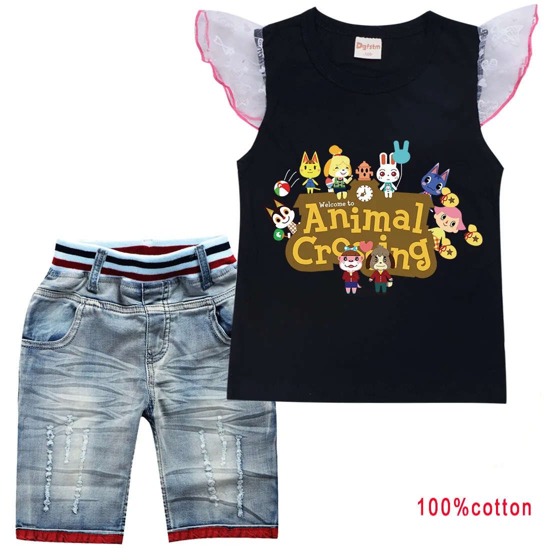 

2-16Y Animal Crossing Clothes Baby Girls Cute Flying Sleeve T-shirt +Denim Shorts 2pcs Set Toddler Boys Outfits Casual Tracksuit