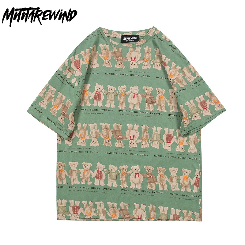 

Hip Hop Streetwear Summer T-shirt Men's Harajuku Cartoon Bear Full Print Short Sleeve Couple Oversized Cotton Tshirts Tops Tees