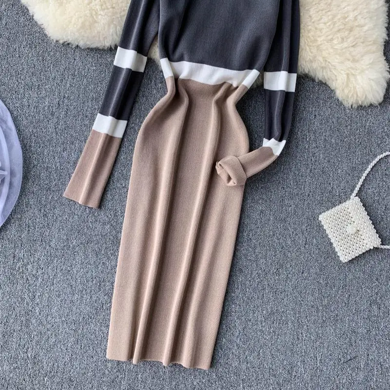 ALPHALMODA осенне-зимнее женское трикотажное платье хит цвета новое ретро с высокой талией цветное с длинным рукавом тонкое трикотажное цельное платье