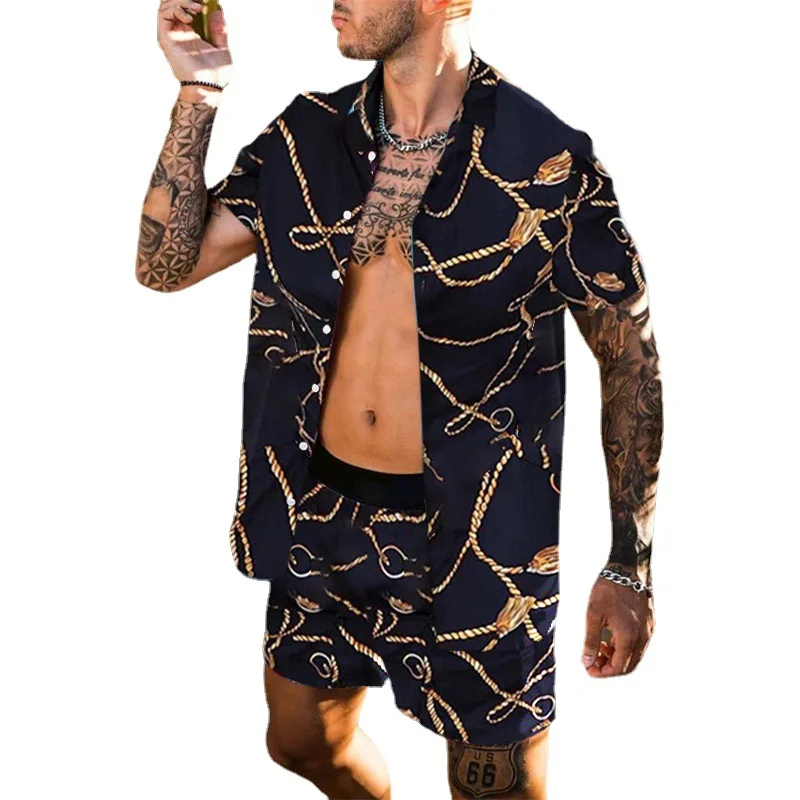 

2021 Summer Men Shorts Sets Streetwear Printing Short Sleeve Beach Male Shirt Hawaiian Button Casual Tracksuit Two Piece Outfits