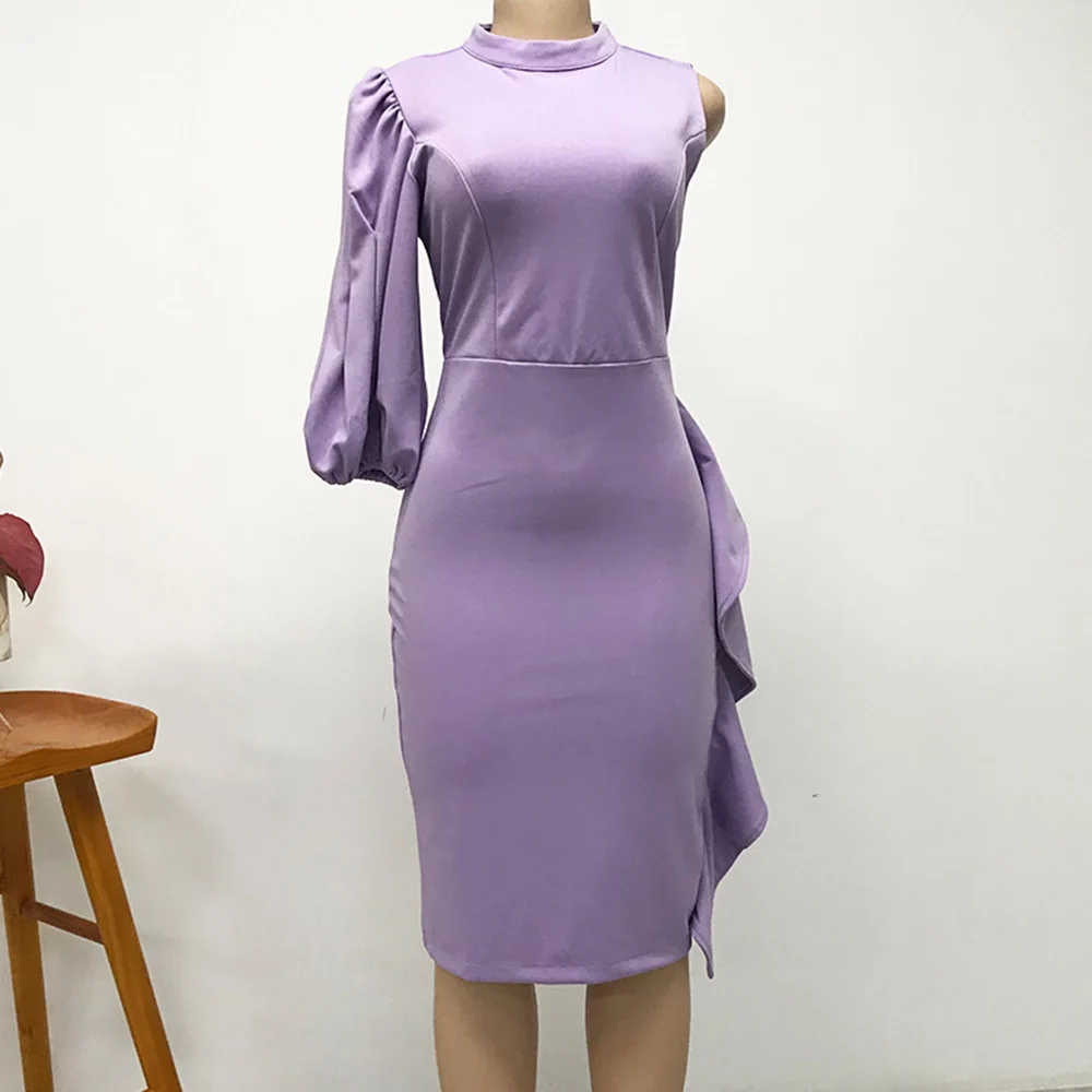 

2021 Summer Dress African Purple Solid Asymmetrical One Shoulder Night Club Party Female Knee Length Women Sexy Dresses Fashion