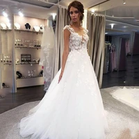 a line elegant lace appliques with tulle white wedding dresses 2021 princess custom made beach boho bridal gowns cap sleeves