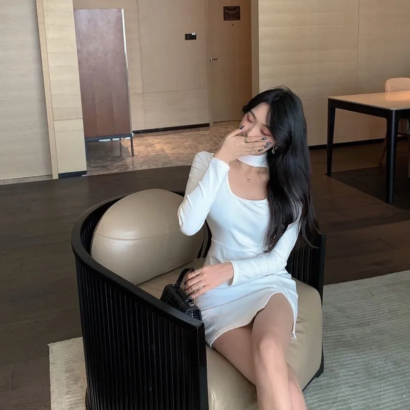 

QWEEK Bodycon Dress with Split Spring 2021 Fashion Women Sexy Outfits Long Sleeve Mini Dress Sexy Party Dresses for New Year