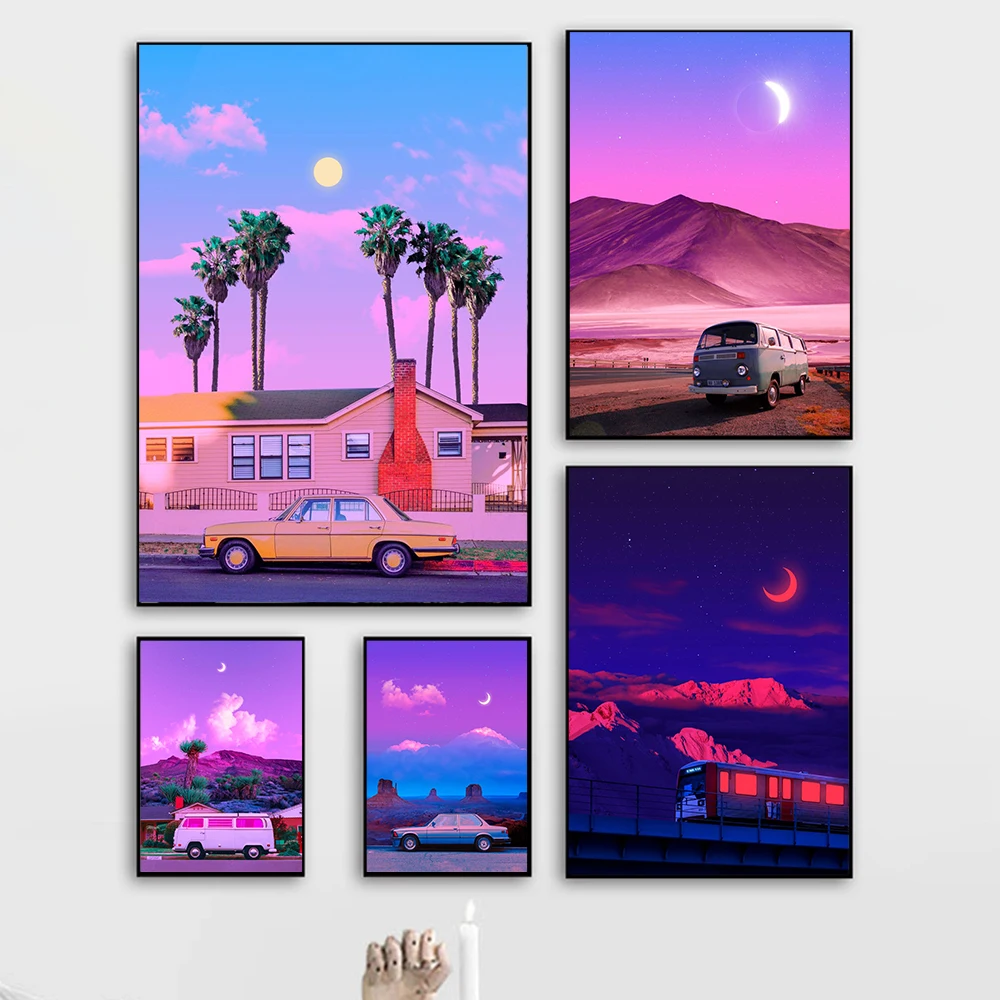 

Wall Art Canvas Anime Purple Tone Travel Poster Painting Atacama Road Trip Moonlight Dream Picture Prints Home Decoration