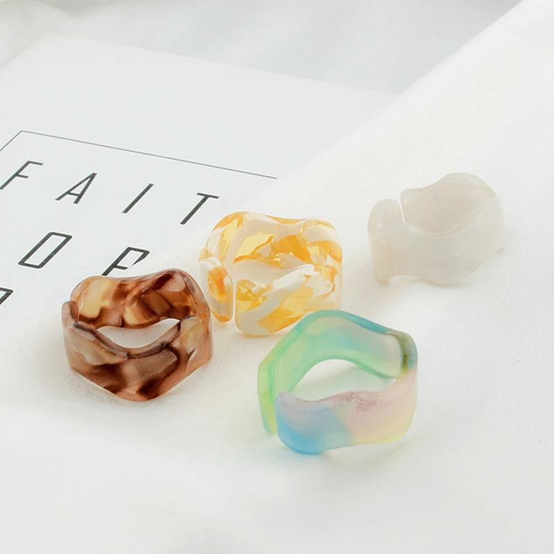 

Sweet Colorful Resin Acetate Geometric Finger Ring Cute Summer Acrylic Fresh Pattern Wave Opening Ring For Women Girl Jewelry