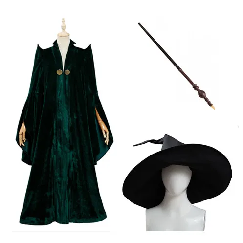 

Professor Minerva McGonagall Cosplay Costume Green Rope Cape Hat Wand Full Suit