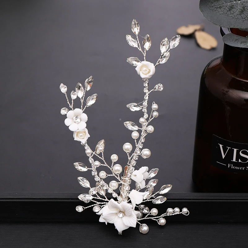 New Silver Color Crystal Barrettes Pearl Rhinestone Flowers Hairgrips For Wedding Bride Women Tiara Hair Clips Accessories | Украшения и