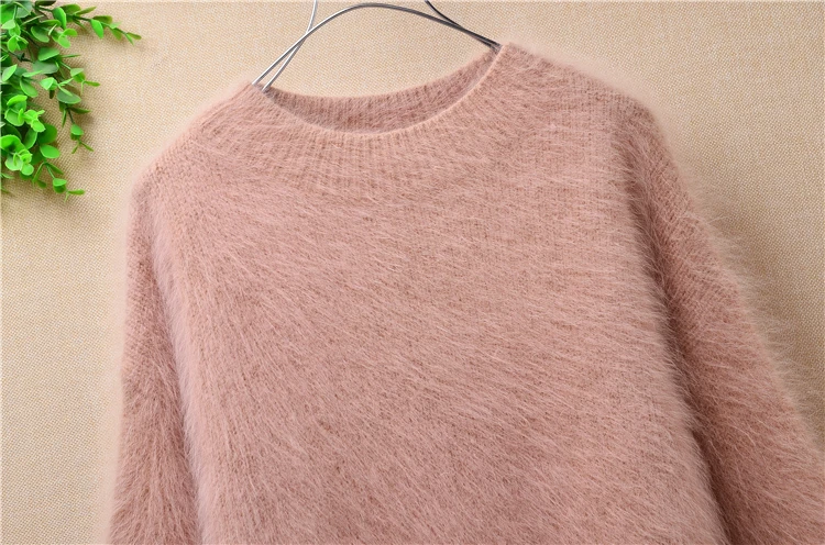 women o-neck long sleeve rabbit fur cony hair knitwear solid basic pullover autumn sweater loose mink cashmere blouses | Женская одежда