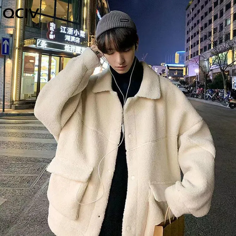 Winter Men's In Warm Snow Jackets Fashion White Wool Cotton-padded Clothes Casual Loose Coats Cashmere Parkas Size M-2XL