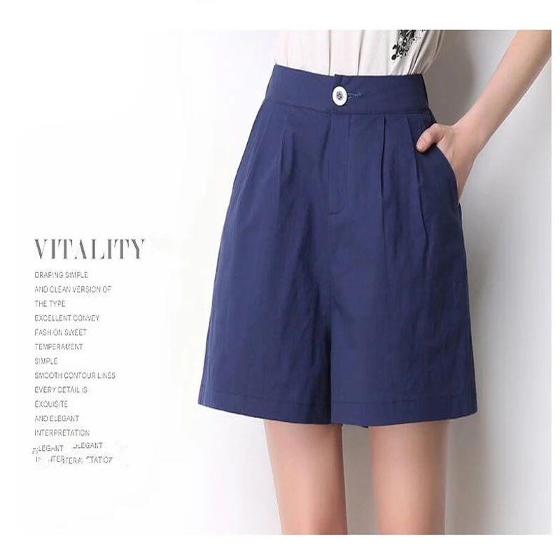 Шорты женские льняные с высокой талией повседневные широкие бермуды карманами