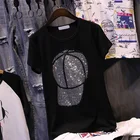 Женские футболки 2021, летняя модная одежда больших размеров с движущимися шапочками и украшением из страз, топы, черный пуловер с коротким рукавом