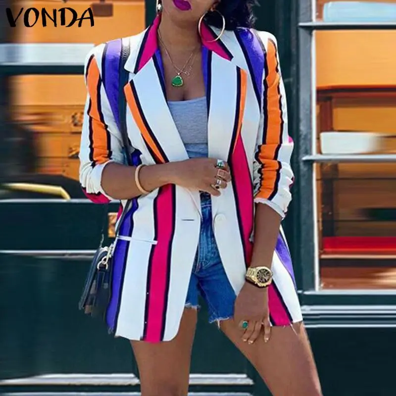 

Long Sleeve Women Elegant Blazer 2022 VONDA Lapel Collar Suit Blazers Bohemian Striped Coats Office Outwear Casual Veste Femme