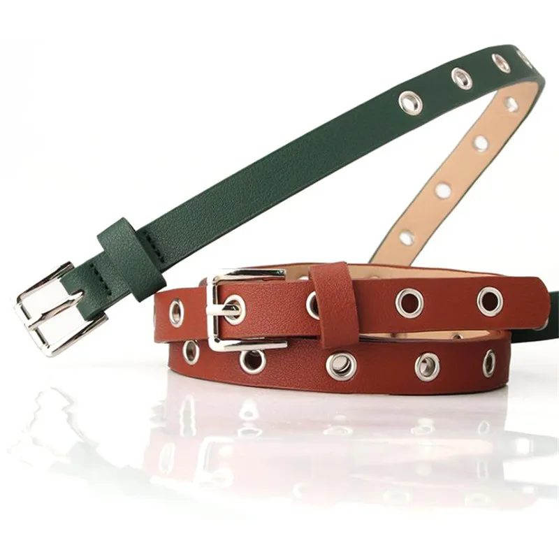 

Vintage Punk Green Belts Women Waistband Holes Hollow PU Leather Waist Belt Female Eyelet Thin Narrow Black Waistbelts Ladies