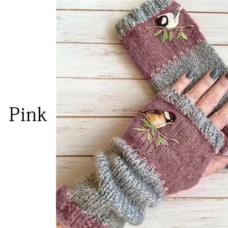 

Fashion Warm Stitching Embroidered Gloves Women Fingerless Gloves Knitted d88