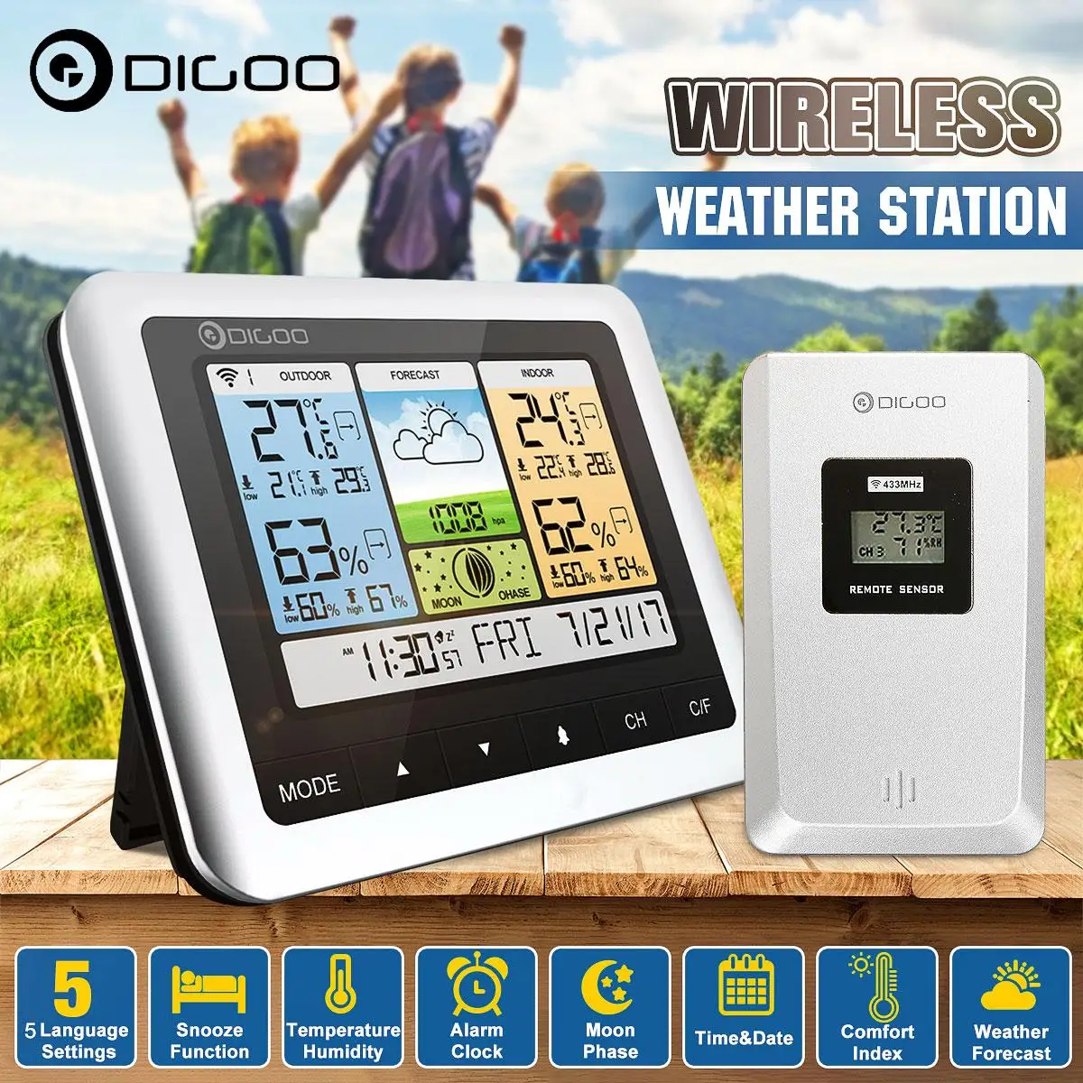 

Digoo DG-TH8888 Wireless Weather Station Thermometer Humidity Sensor Outdoor Indoor Forecast Sensor Alarm Clock Date Backlight