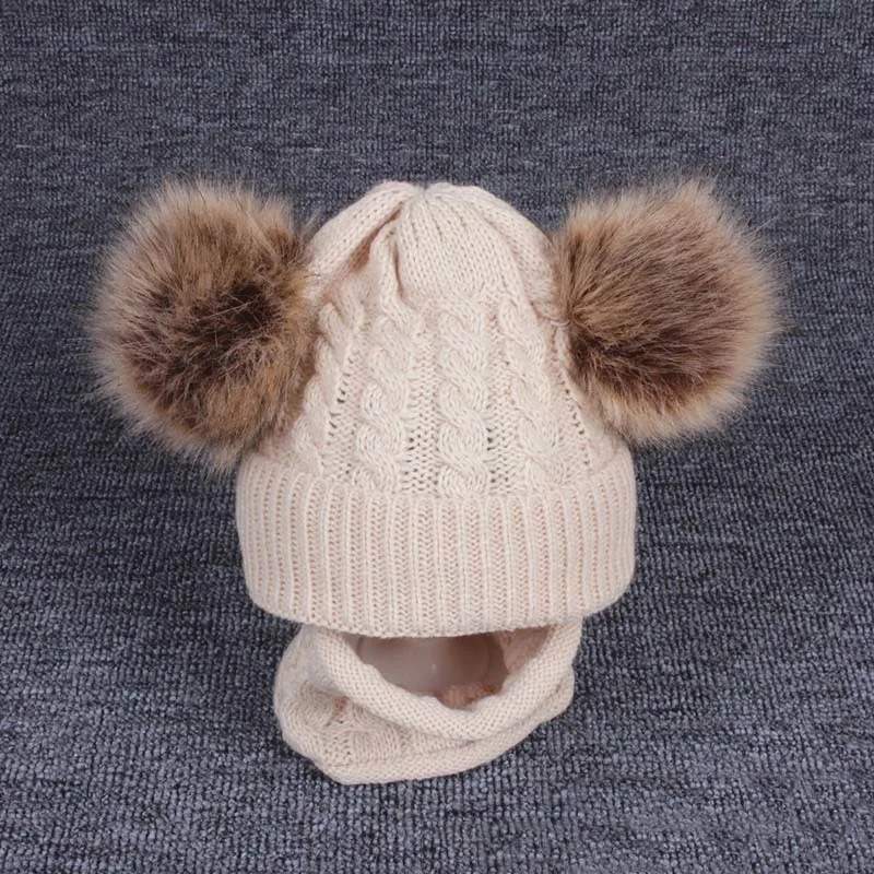 beige 01 hat Комплект, шарф, детская шапка, модная детская зимняя шапка, детский шарф с двойным помпоном, вязаная зимняя детская шапка, теплая шапка для малышей, шапка - Цвет: beige 01 hat