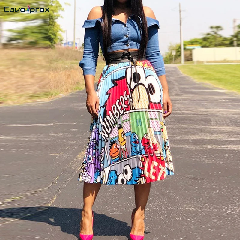 Женская ностальгическая юбка миди с графическим принтом до середины икры