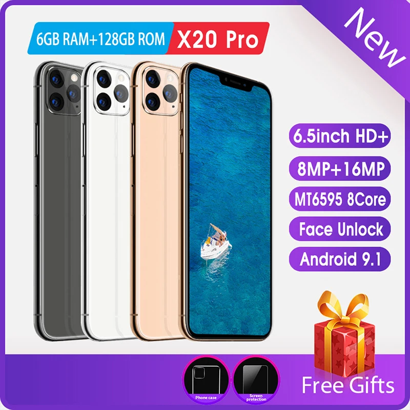 

Free Shipping X20 Pro 6.5 inch HD screen Android phone Snapdragon 855 4800mAh 6 128G ROM MT6595 8 core 8MP 16MP 4G Global