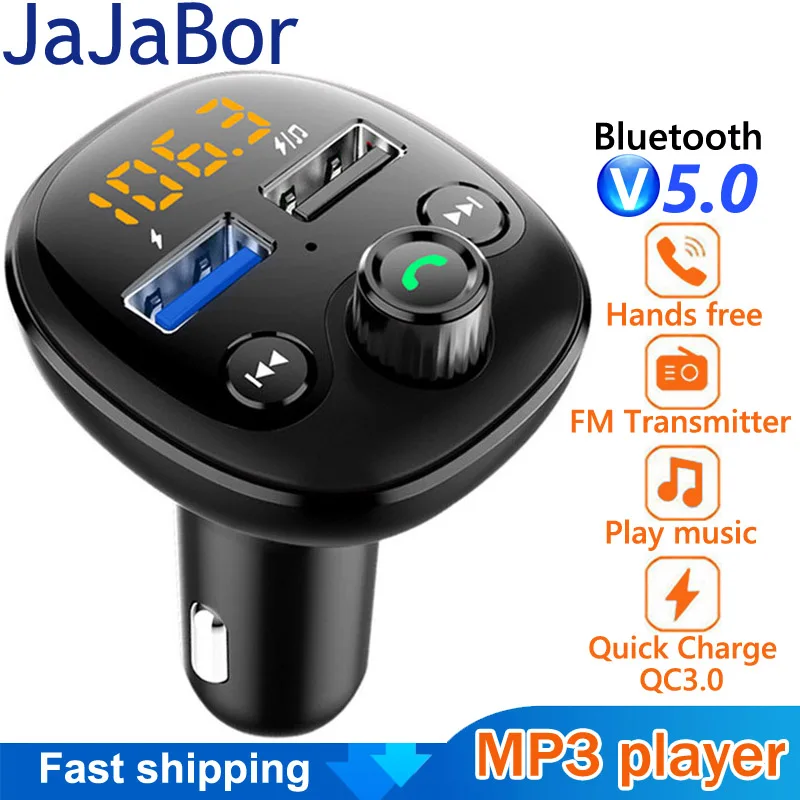 

Автомобильный комплект JaJaBor с Bluetooth громкой связью fm-передатчик Bluetooth 5,0 QC3.0 Быстрая зарядка Dual USB Автомобильное зарядное устройство