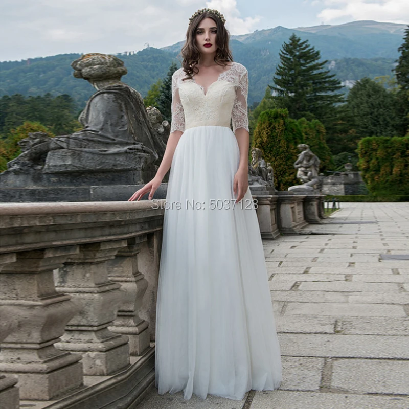 Свадебные платья трапециевидной формы с v образным вырезом и кружевной