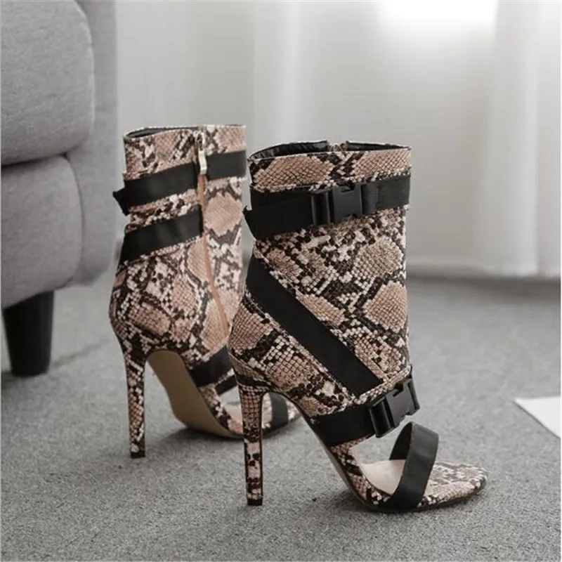 Женские ботильоны на молнии с открытым носком высоком каблуке в римском стиле