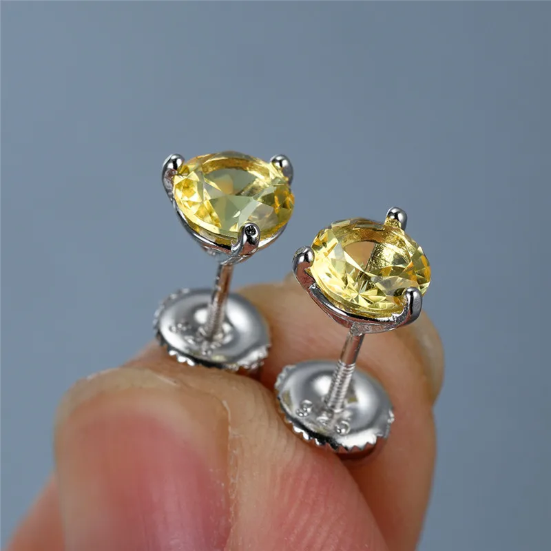 

Cute Female 6/7/8mm Yellow Topaz Earrings Real 925 Sterling Silver Earrings For Women Minimalist Small Screw Stud Earrings