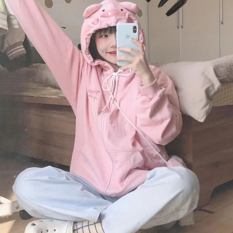 

Japanese Cute Pink Soft Girl Student Hooded Zip Up Coat Loose Long Sleeve Kawaii Autumn Winter Jumper Sweatshirt Y2k Outweare