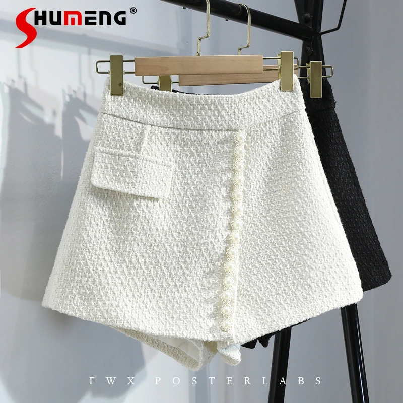 

Wide Leg Shorts 2021 Autumn and Winter New Irregular Pearl High Waist Slimming A- Line Tweed Women's Short Skirt Pants Fashion