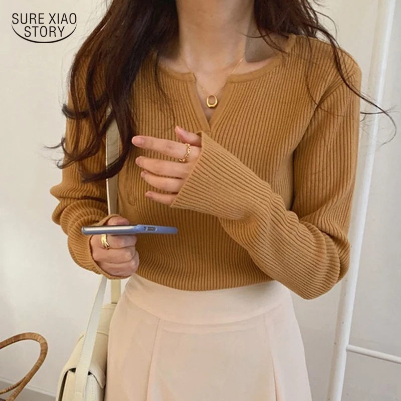 

Long-sleeve Bottoming Sweater Korean Fashion Vintage Sweater New All-match Small V-neck Slim Pullover Women Chic Elegant 16762