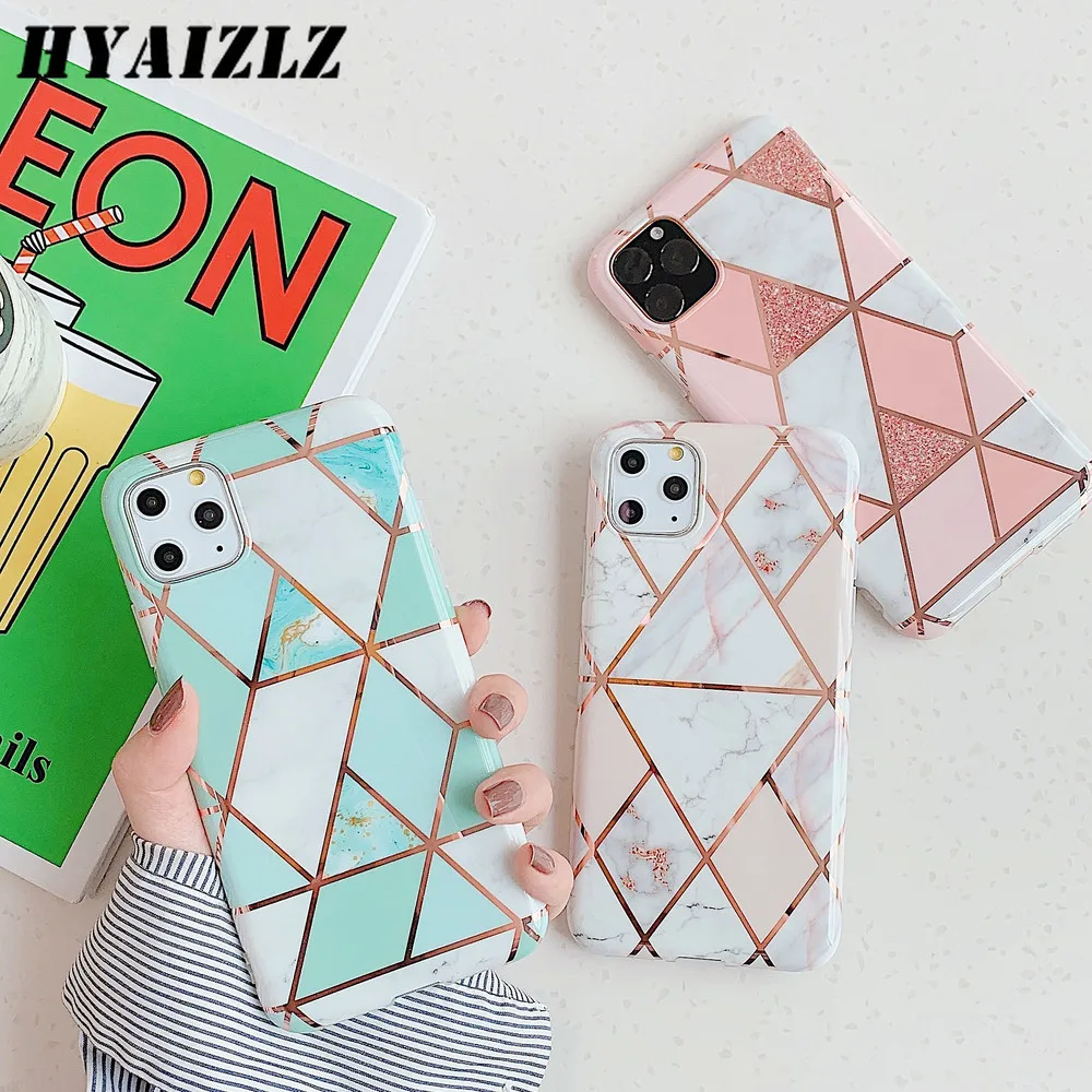 

Marble Phone Case for iPhone 12 11 Pro Max XS XR SE 2020 6s 7 8 Plus Soft IMD Plating Rhombus Glossy Slim Fit Protect Back Cover