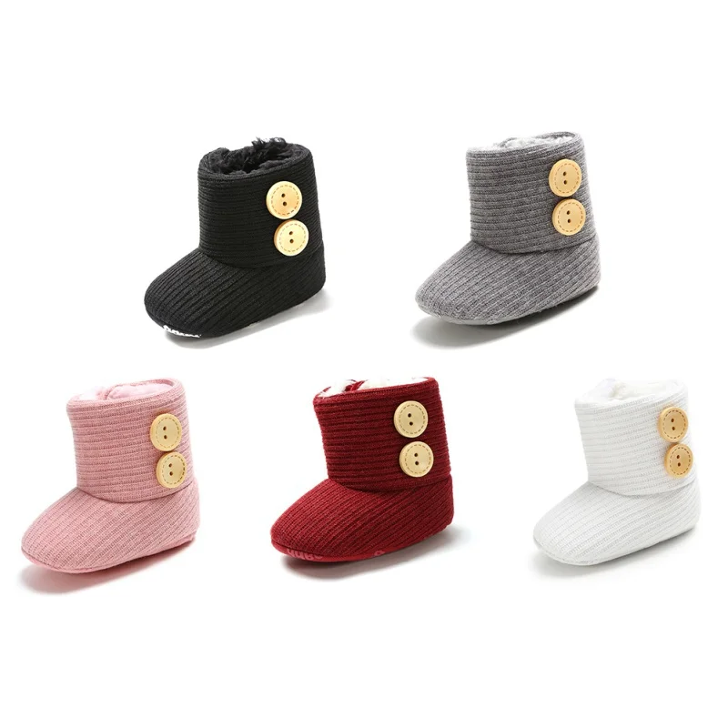 

Warm Baby Winter Boots Girls Soft Sole Crib Shoes Button Cotton Flats Boot Shoes Knitted Solid Buttons Toddler Shoes