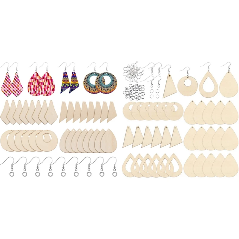 

2 Set Unfinished Wood Earring Pendants with Earring Hooks and Jump Rings for Jewelry DIY Making, A & B