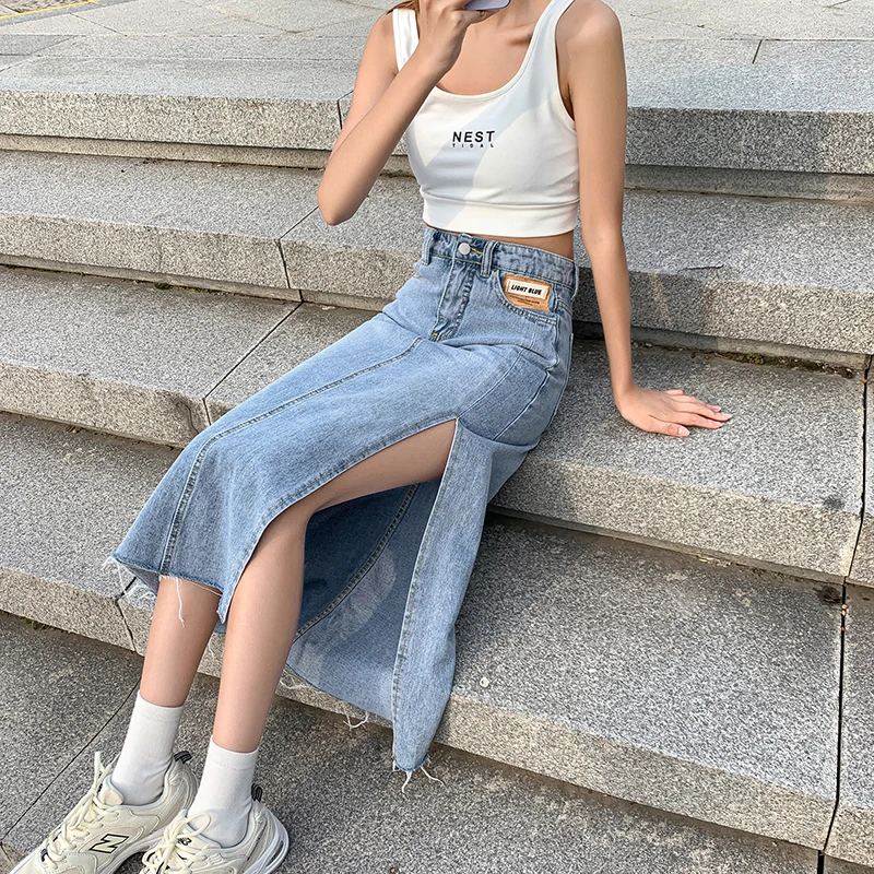 

Side Slit Denim Skirt Female Summer 2021 New High Waist A-Line Mid-Length Bag Hip Skirt All-Match Loose