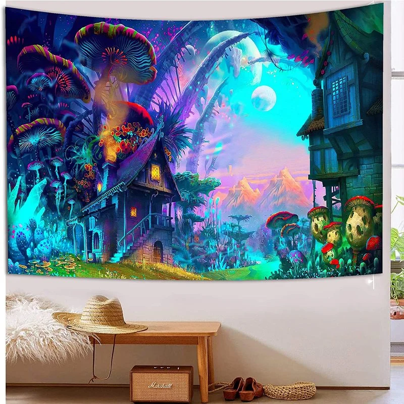 

Psychedelic Forest Plant Tapestry Aesthetics Mushroom Tapestry Cartoon Fairy Tale World Wall Hanging Mural Pared Grande Tapis