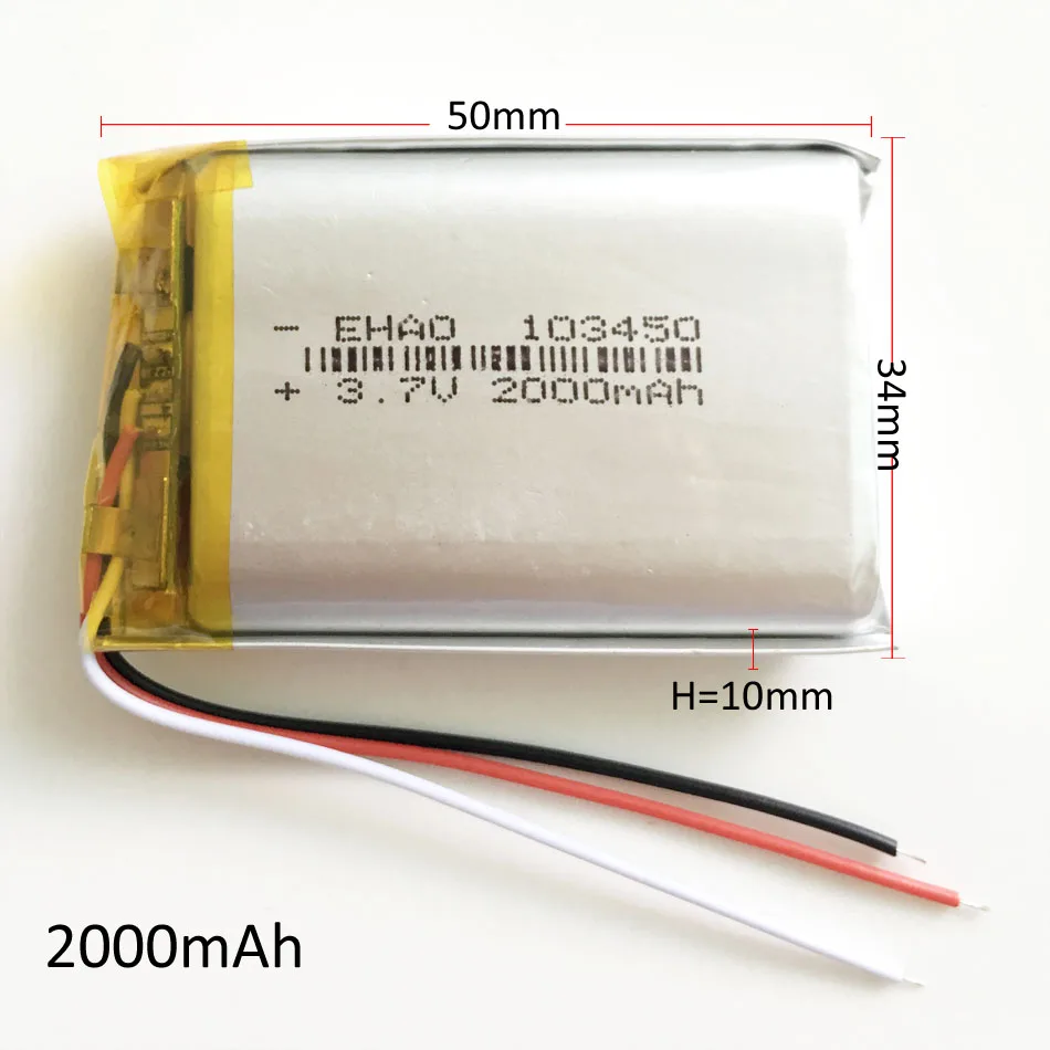 2000mAh 3,7 V литий-полимерная LiPo аккумуляторная батарея 3 провода 103450 для Mp3 DVD PAD камера PSP gps динамик ноутбук MID
