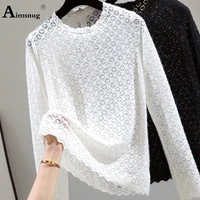 aimsnug 2021 summer womens top sexy transparent casual shirt female round neck lace houndstooth tunic shirt fashion hollow tees