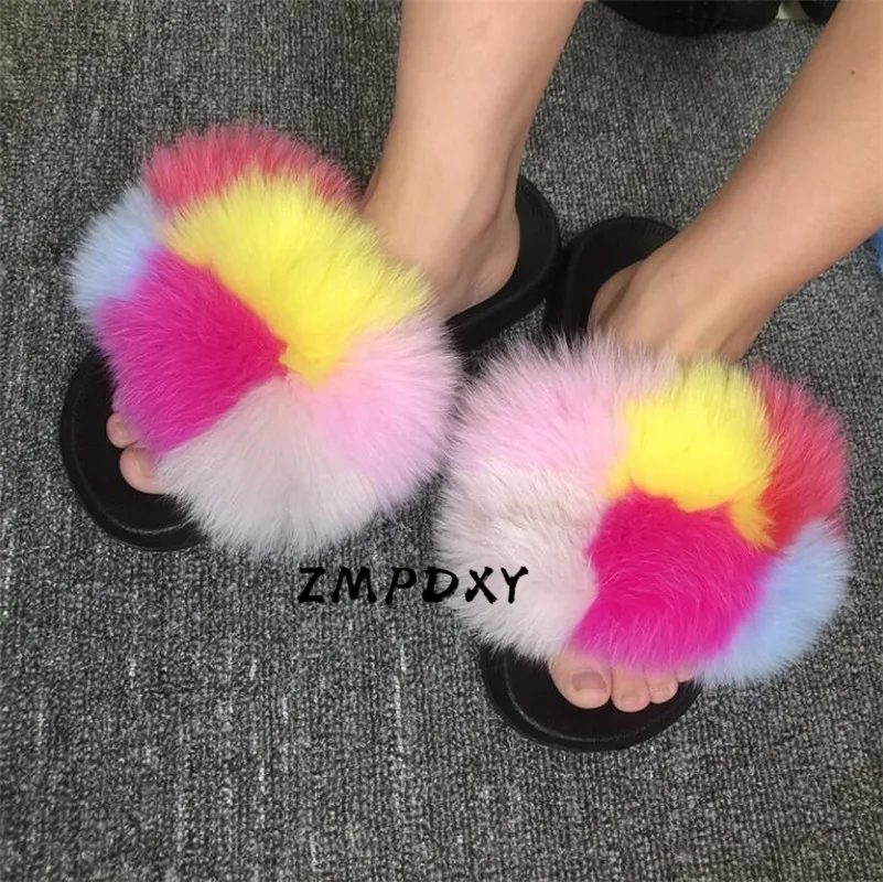 

Winter Kids/Children's Fluffy Raccoon fur Slides Ladies Fuzzy Flip Flops Women's Real Fox Fur Slippers Plush Shoes Fur Sandals