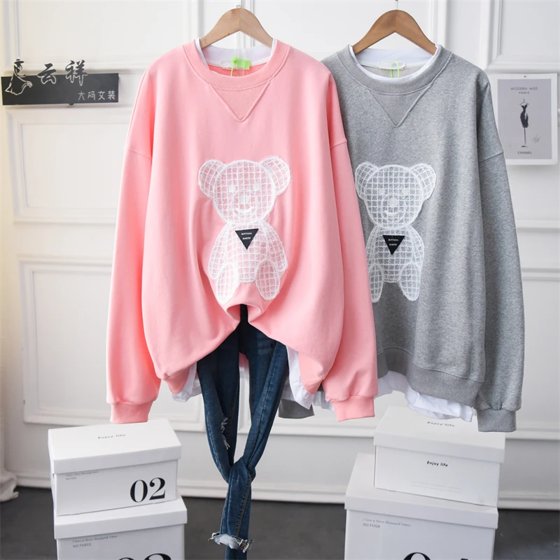 

Women's Plus Size Cartoon Terry Sweatshirt 2022 Fashion Crew Neck Cotton Embroidery Street Oversized Pullovers Outerwear Pink