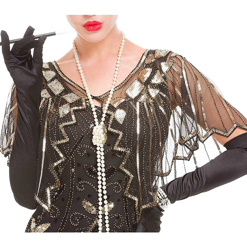 black gold Женская Блестящая шаль 1920 s, накидка с блестками и бисером, вечерняя накидка, болеро, Хлопушка, черная накидка - Цвет: black gold