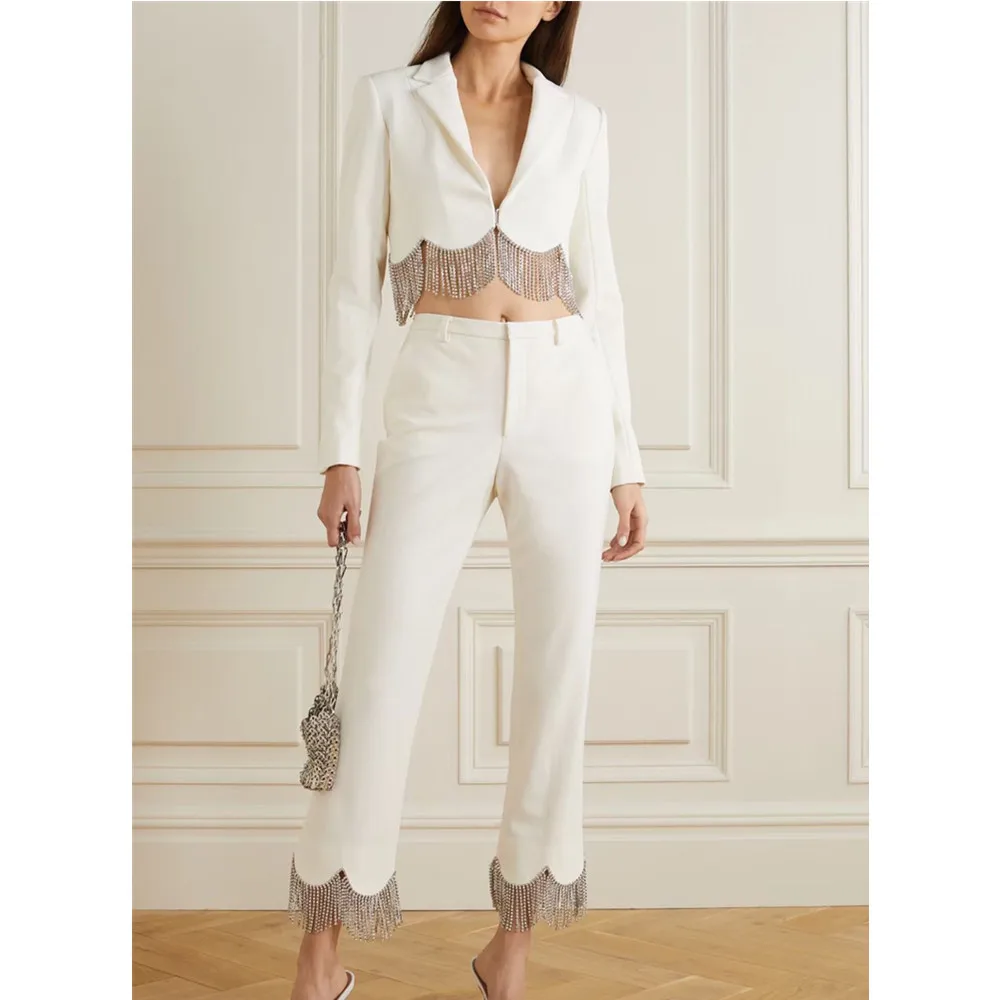 

2021 Women Set Sexy Long Sleeve Crystal Tassel Diamonds White Two Pieces Set Celebrity High Street Party Crop Tops Pants