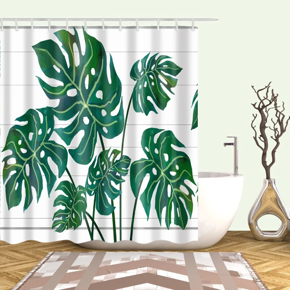 

Тропические занавески для душа с зелеными растениями, КАКТУСОМ, листьями пальмы монстеры, фламинго, занавески для ванной из водонепроницае...