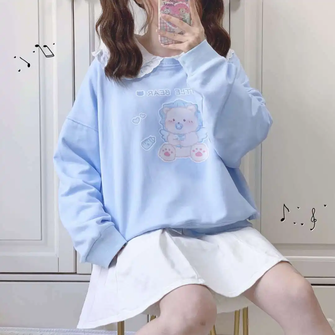 

Harajuku 2021 Blue Cute Amine Sweatshirt Women Clothes Autumn Loose Cartoon Print Hoodie Spring Winter Hoodie Streetwear Females