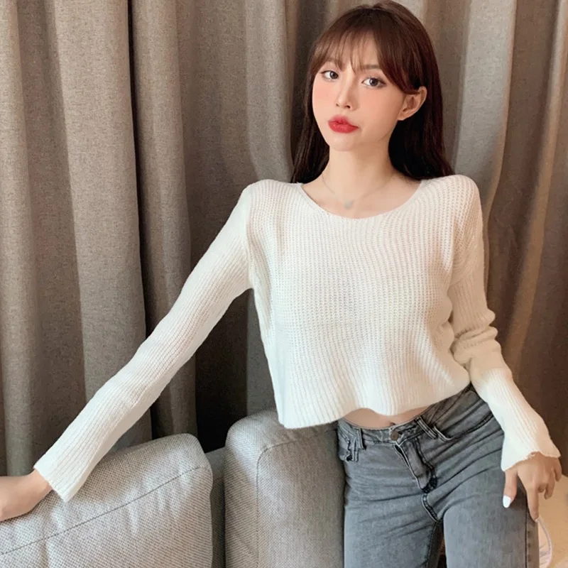 

Women Comfortable Round-neck Solid Color Sweater Casual Thick Short Soft Knitted Tops High Quality 2021 Spring New