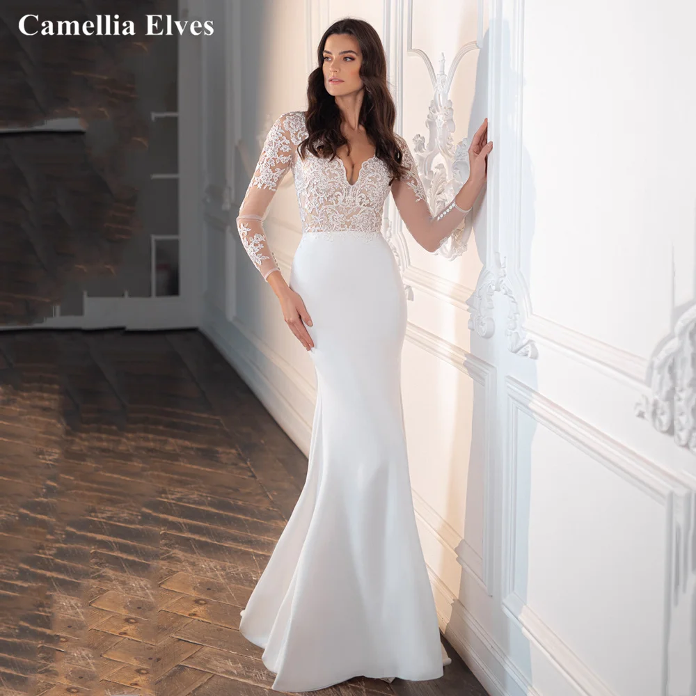 

Sexy Illusion Mermaid Wedding Dress Lace Long Sleeve Bride Dresses Satin Skirt Bridal Gown Button Closure Vestido De Novia