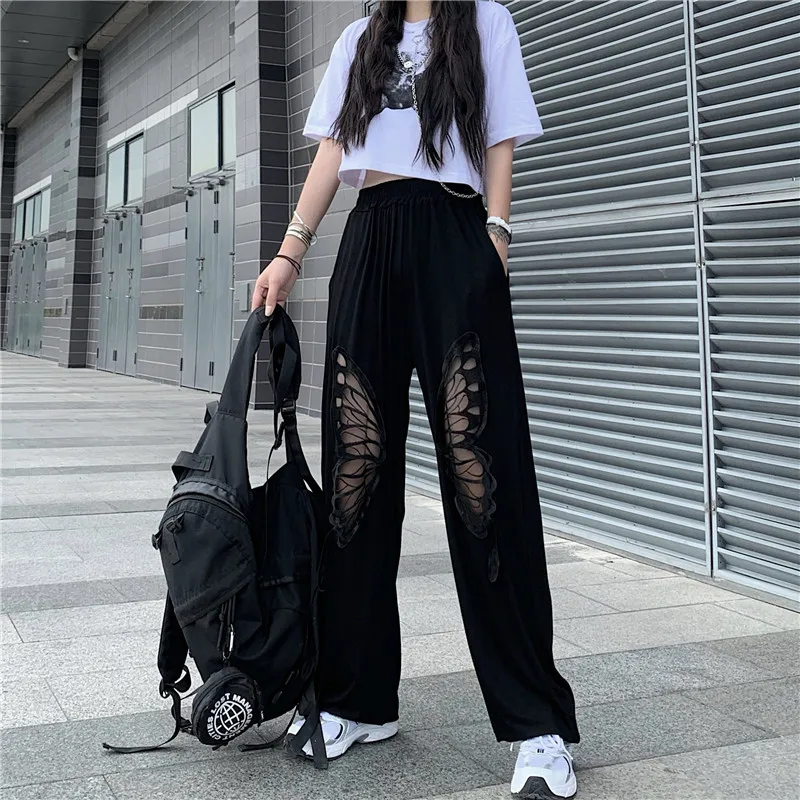 

autumn streetwear straight loose long capris Female Korean ins embroidery Hollow out back wide leg women bottoms pants hipster