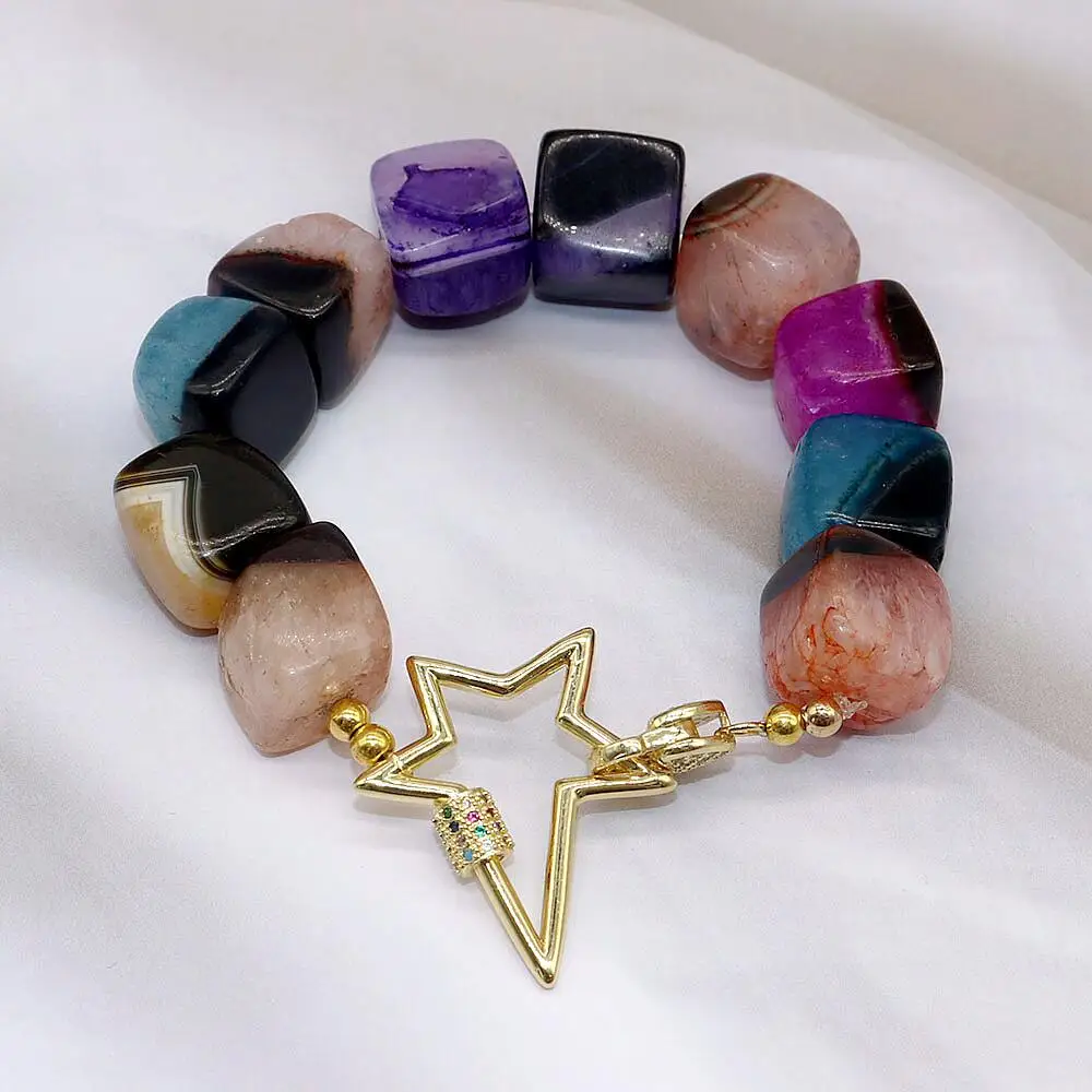 

Hiphop Multicolor Natural Stone Bracelet Kpop Quartz Beads Heart Five-pointed Star Strand Bracelets Gold Charm Party Jewelry