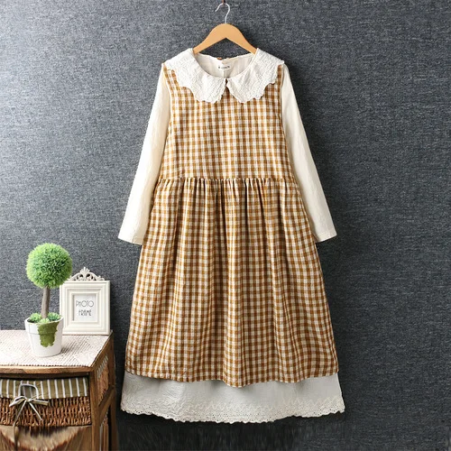 yellow plaid Милый в стиле Mori Girl винтажный клетчатый осенний пуловер с куклой, платье Vestidos, женское платье с отложным воротником из двух частей, свободное платье, платье длинное Femme - Цвет: yellow plaid