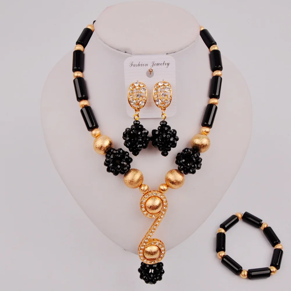 

Pretty Black Crystal Beaded Women's Necklace African Costume Jewelry Sets for Nigerian Wedding SZQ3-7
