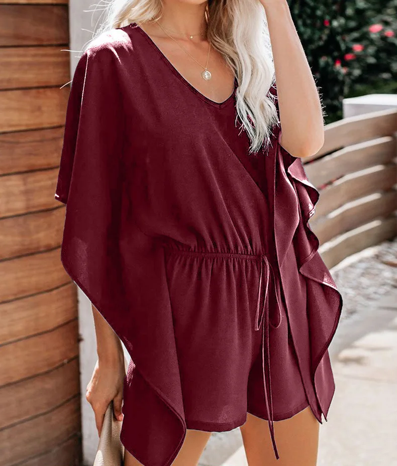 

Women's solid color jumpsuit summer new style V-neck high-waisted wide loose casual pants