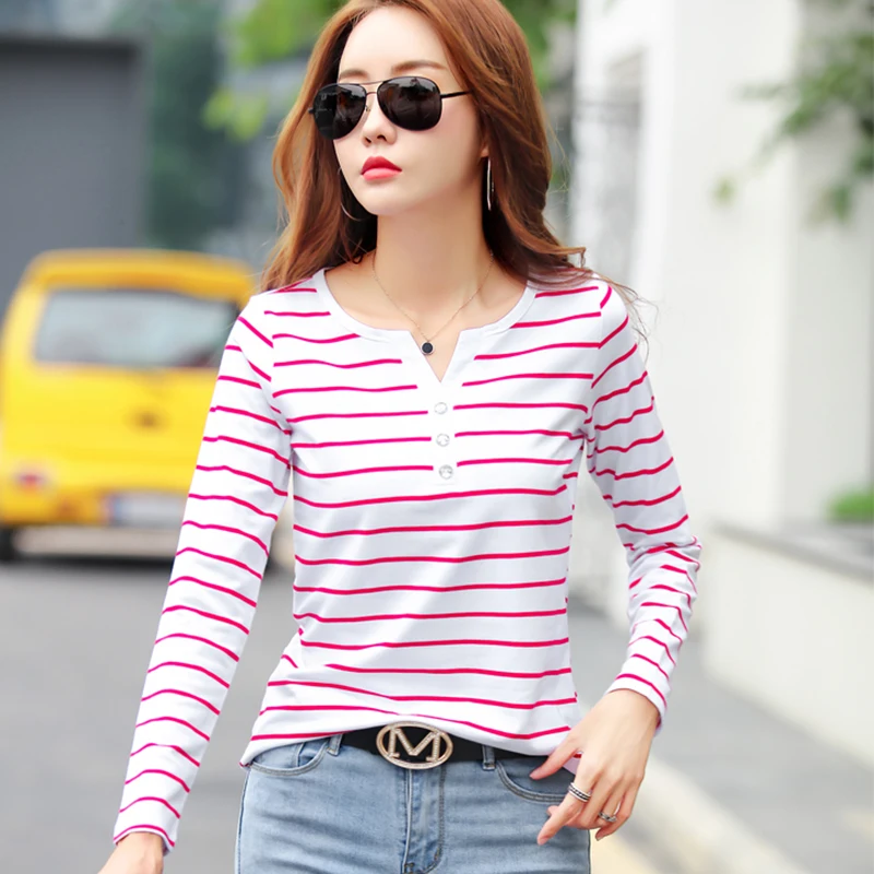 Женская хлопковая футболка в полоску с длинным рукавом и пуговицами | одежда